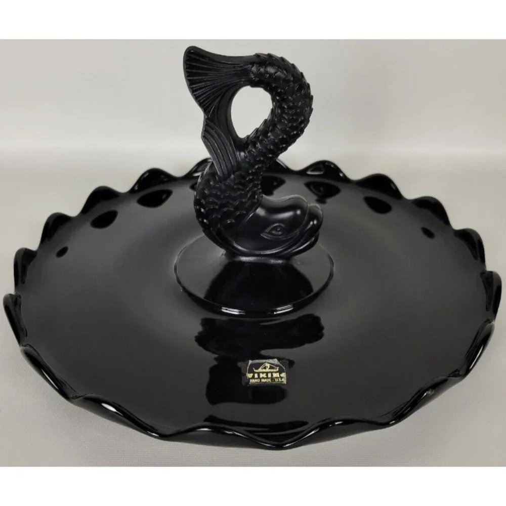 Vintage Viking‎ Glass Black Amethyst Dolphin Fish Serving Tray Platter 11